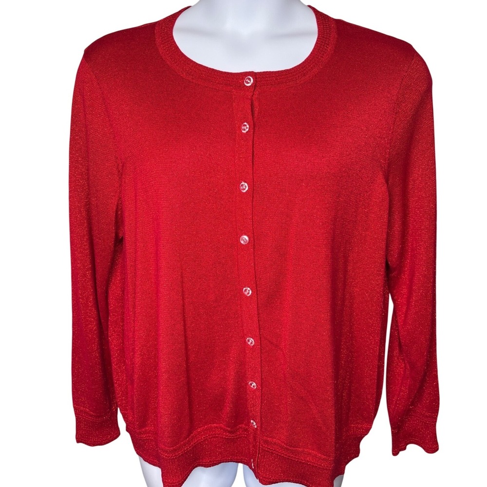 Carole Little Woman Sparkle Red Button Front Cardigan 3X Shimmer Business Casual